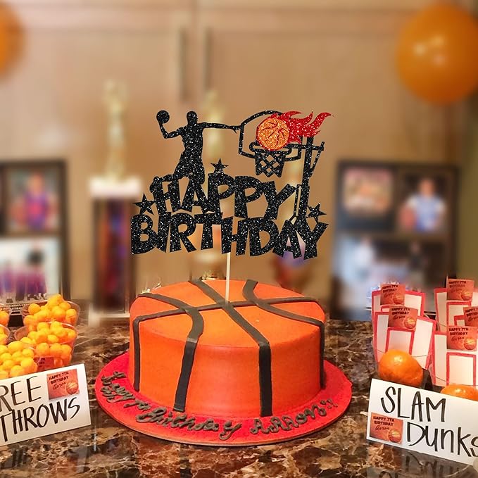 1Pc Basketball Happy Birthday Cake Topper Glitter Basketball Sports Theme Birthday Cake Pick for Theme Baby Shower Birthday Party Cake Decorations Supplies