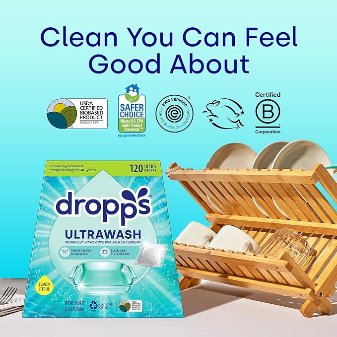 Dropps UltraWash Dishwasher Pods, Lemon Citrus (120 Count) - Biobased Power Deep Clean Dishwasher Detergent Tablets for Sparkling Shiny Dishes - No Rinse Aid or Pre-Wash Needed - Dishwashing Pods