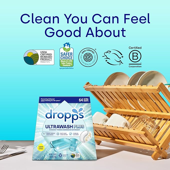 Dropps UltraWash Plus Dishwasher Detergent, Lemon Citrus (64 Pods) - Triple Action Biobased Power Deep Clean Dishwasher Detergent Tablets for Tough Stains - Dishwashing Pods for Shiny Dishes