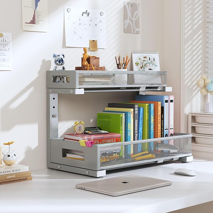 1 Pack 17IN Depth Under Sink Storage Organizer, Large 2-Tier Elegant Mesh Pull Out Shelf for Kitchen and Bathroom Cabinet Organization, L-Shaped and Adjustable Height Design-Gun Gray