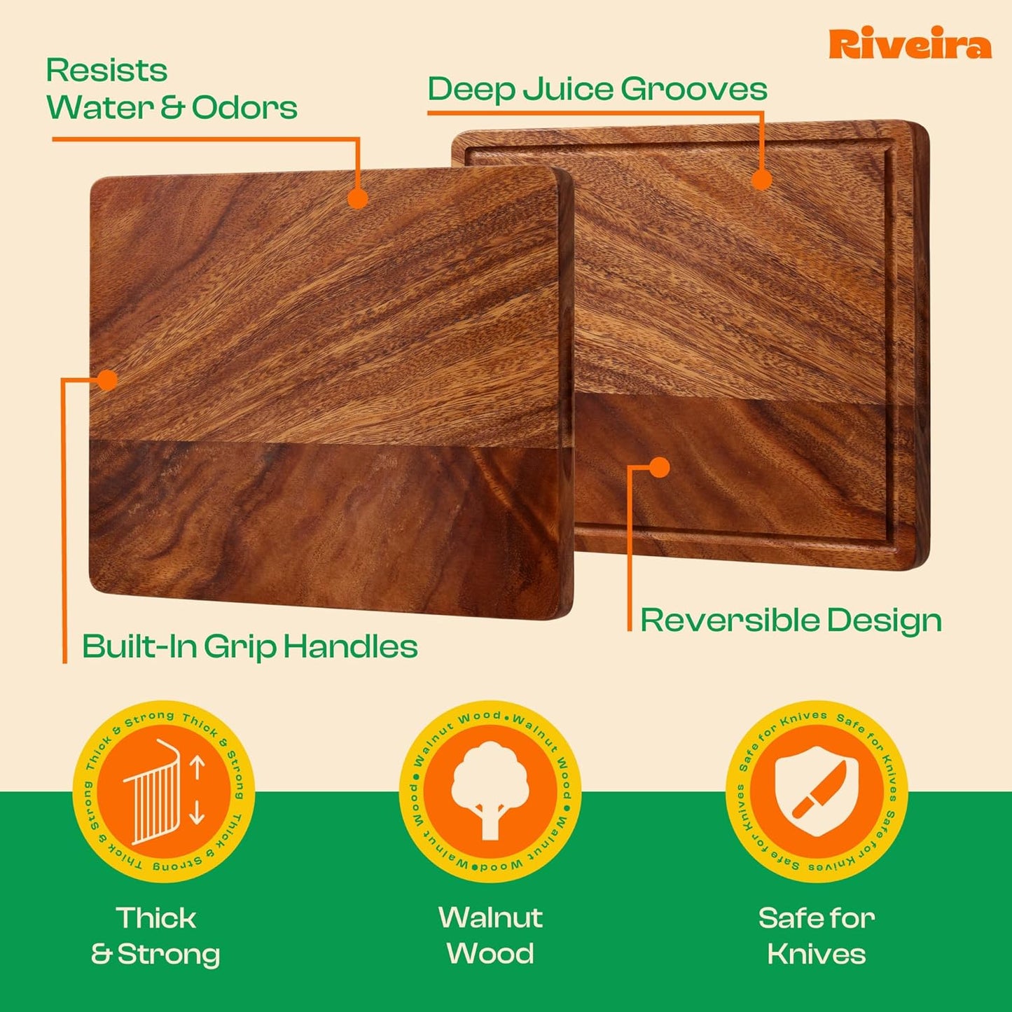 Riveira Walnut Wood Cutting Board Gourmet Black Walnut Grandeur: 12 x 10 Wooden Chopping Board Decorative Kitchen Cutting Board With Innovative Juice Grooves