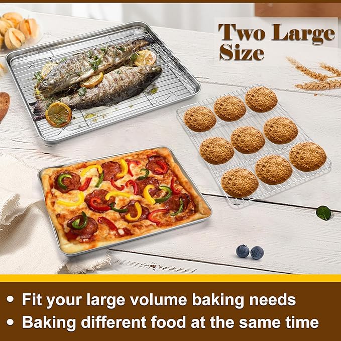 P&P CHEF 16 + 12.5 Inch Stainless Steel Baking Sheet with Rack Set (2 Pans+ 2 Racks), Cookie Sheets Baking Trays and Cooling Wire Racks, Oven & Dishwasher Safe, Pans with Flat Racks