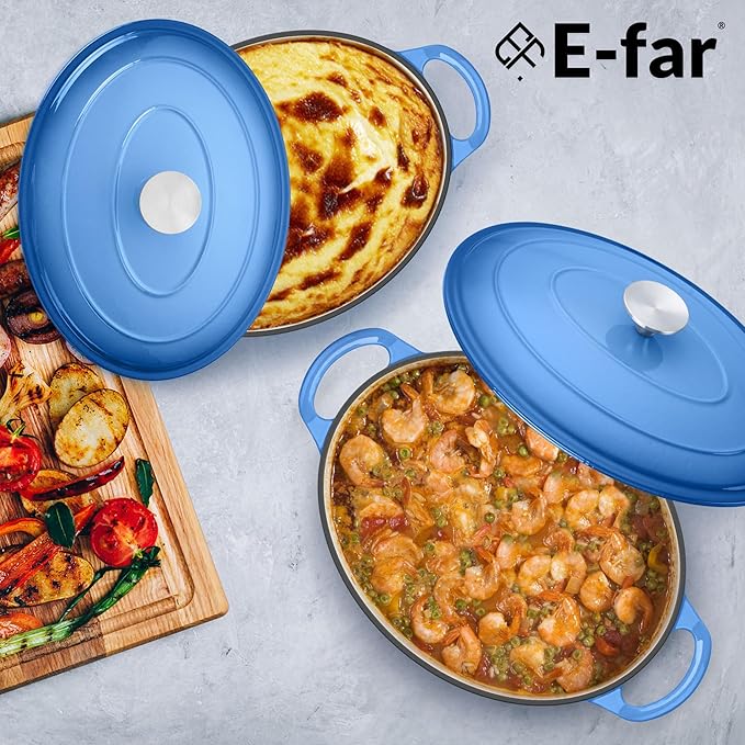 E-far 5QT Oval Dutch Oven Pot with Lid, Enameled Cast Iron Dutch Oven with Dual Handles for Sourdough Bread Baking Cooking, Nonstick Enamel Coated Cookware(Blue), Non-Toxic & Easy Clean