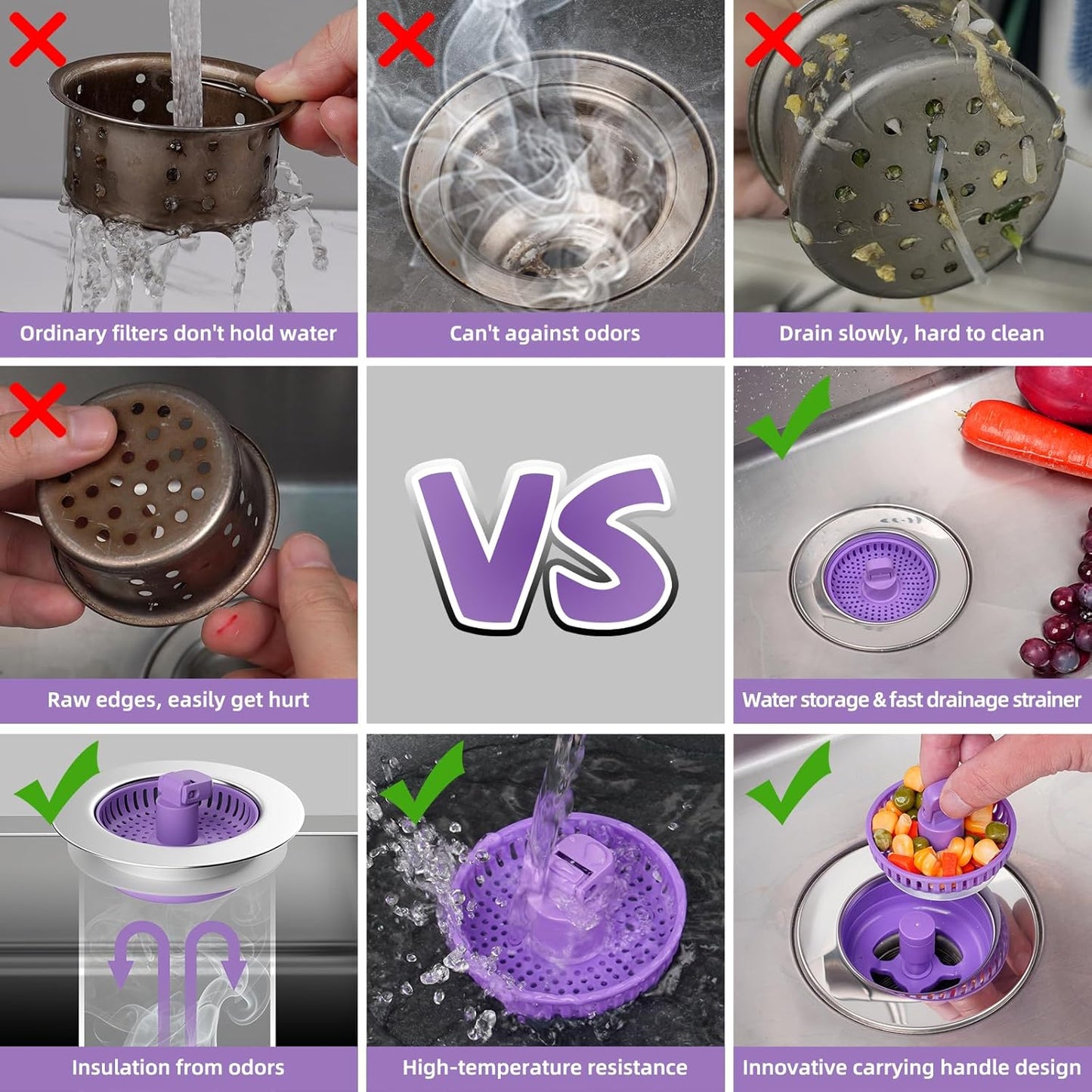 Hibbent 2 Pack Universal 3 in 1 Kitchen Sink Drain Strainer with Sink Stopper, Chrome Stainless Steel Wraped Shell, Anti-Clogging Basket Strainer with Handle, Fit for US Standard 3-1/2" Drain, Purple