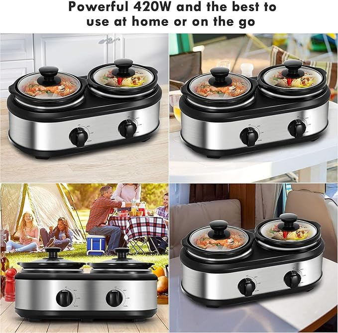 Dual Slow Cooker Buffet Server Food Warmer with 3 Adjustable Temperature Modes, Double Slow Cooker with 1.5 QT Ceramic Pot and Removeable Glass Lid, Dishwasher Safe, Stainless Steel