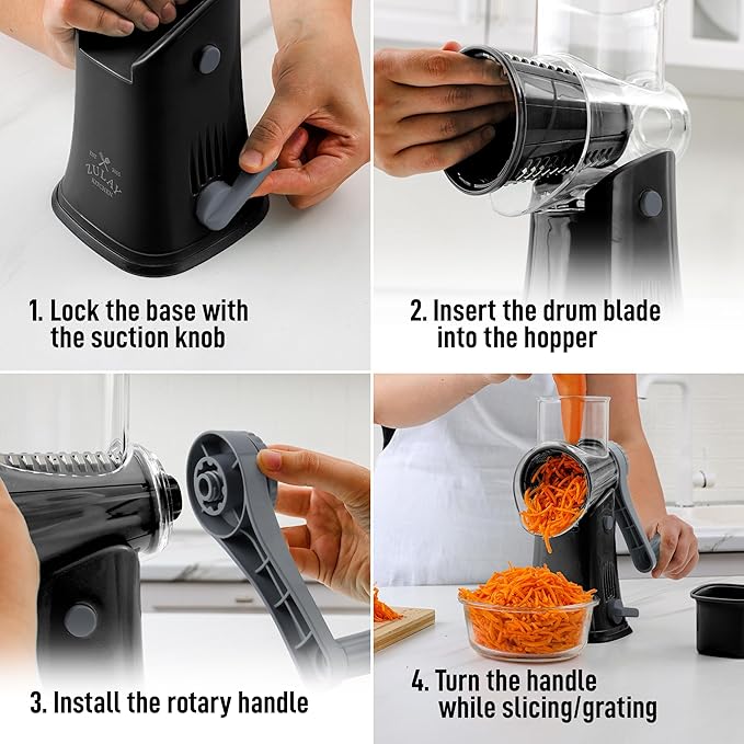 Zulay Kitchen Rotary Cheese Grater 5 Blade Cheese Shredder - Manual Hand Crank Cheese Grater With Reinforced Suction & 5 Interchangeable Drums - Easy to Use, Vegetable Chopper Round Mandoline Slicer