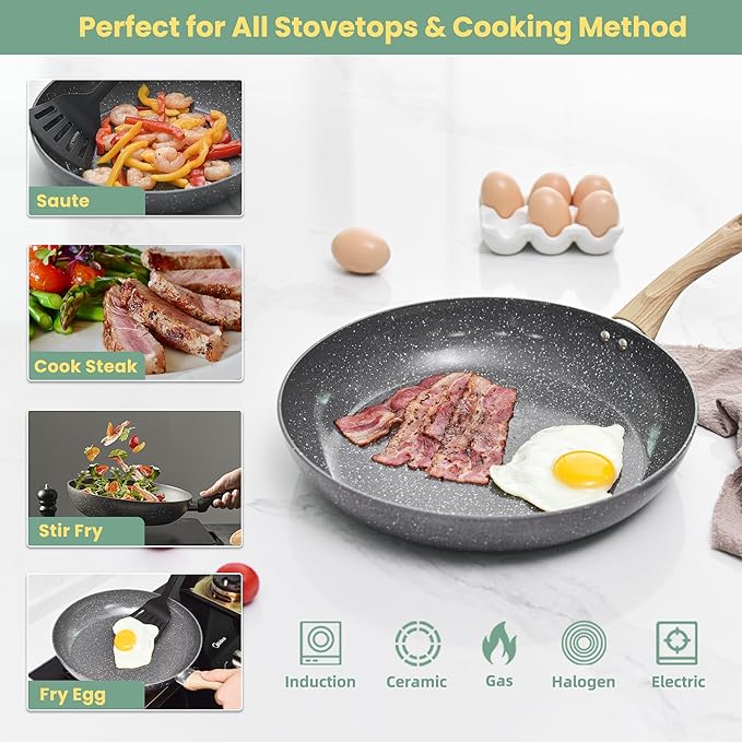 Fry Pan Nonstick 3 Piece Stretched Aluminium Cookware 8", 9.5", 11" Skillets Fry Pans with Induction Bottom