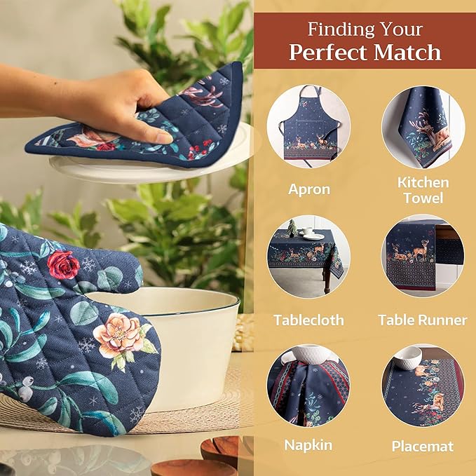 Maison d' Hermine 100% Cotton Oven Mitt & Pot Holder Set (7.5"x13" & 8"x8") Heat Resistant BBQ Cooking Gloves with Loop, Baking, Grilling, Kitchen, Handling Hot Pans (Christmas Joy)