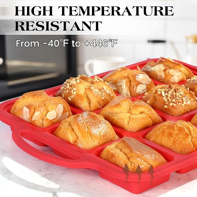 1 Pc Square Brownie Pan With Dividers Mini Silicone Brownie Pan for Baking Individual Nonstick 12 Cups Square Muffin Cupcake Pans with Metal Reinforced Frame (Red)