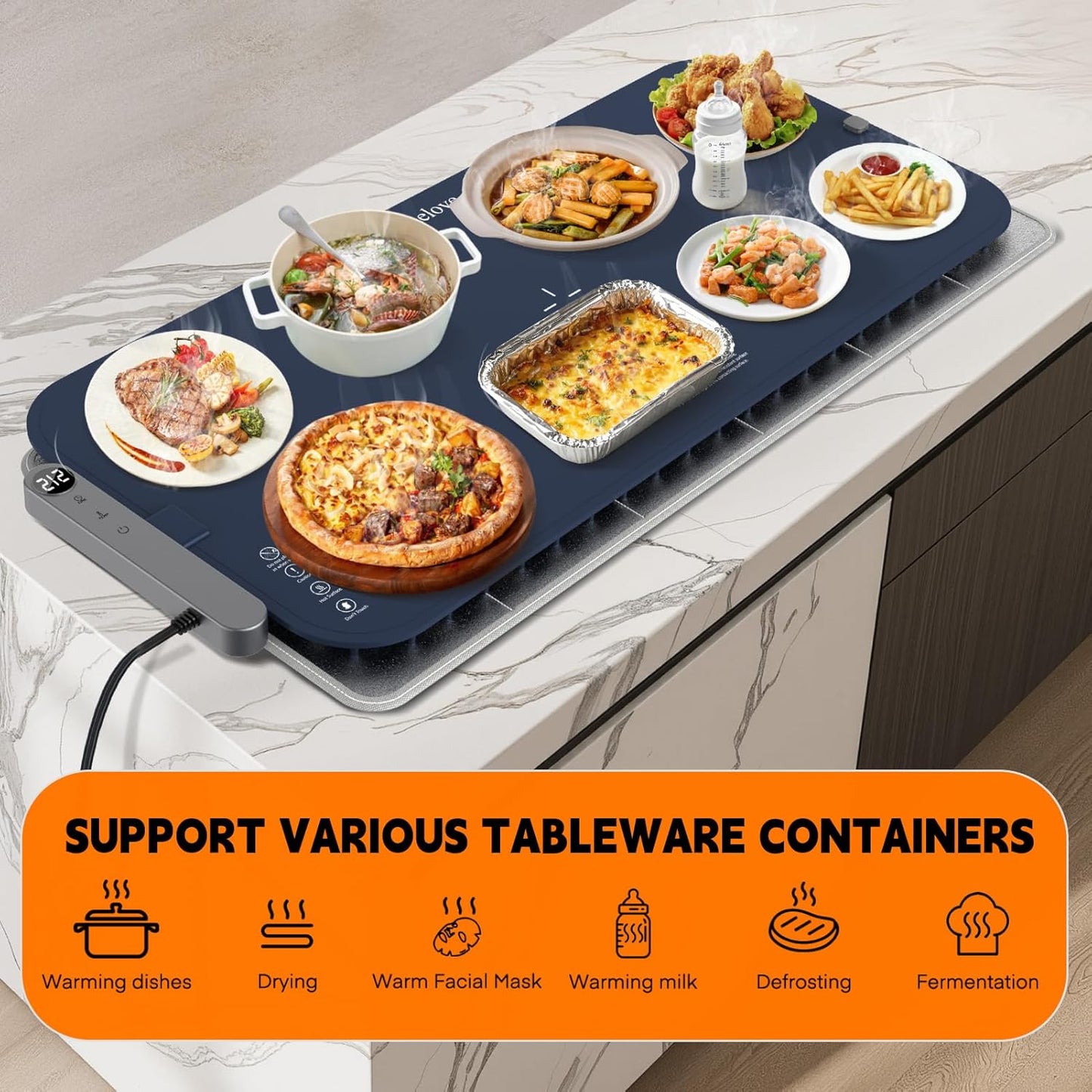 Homelove Food Warming Mat Waterproof - Electric Warming Tray with 6-Level Temperature and Hours Setting, Full Surface Graphene Heating, Dishwasher-Friendly Food Warmer Mat for Parties, Kitchen (Blue)