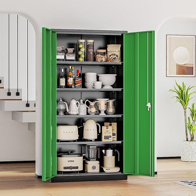 INTERGREAT Metal Storage Cabinet, 72" Locking Storage Cabinets with Doors and 4 Shelves, Tall Tool Storage for Garage, Steel Lockable Cabinet Metal Locker for Home Office, Black Green