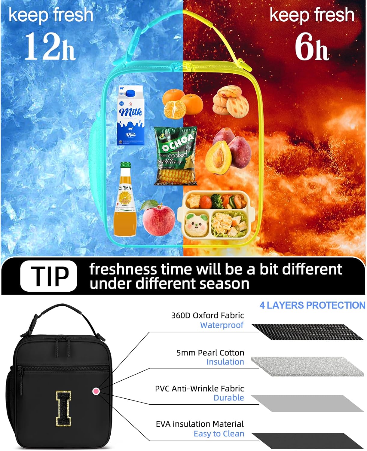 Initial Insulated Lunch Bag for Boys Kids, Back to School Gift, Reusable Leak-proof Lunch Box with Adjustable Strap for School Daycare Travel Picnic(Black,I)