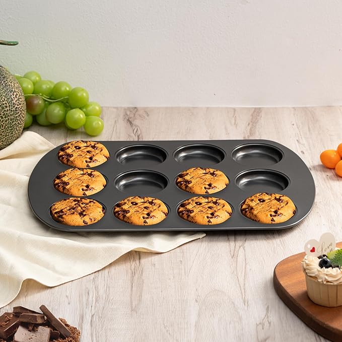 Tiawudi Muffin Top Pan, 12 Cavity Cupcake Pan, 3 Inch Nonstick Bakeware for Eggs, Cornbread, Cookies, Whoopie Pies and Yorkshire Pudding, Set of 2