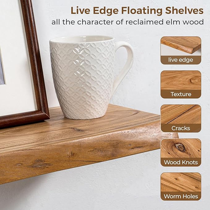 Axeman 40 inch Floating Shelves for Wall - 8'' D Live Edge Rustic Solid Elm Wood Floating Shelves Wall Mounted, Wall Shelves with Invisible Bracket for Living Room Bedroom Kitchen, 1 Pc Natural