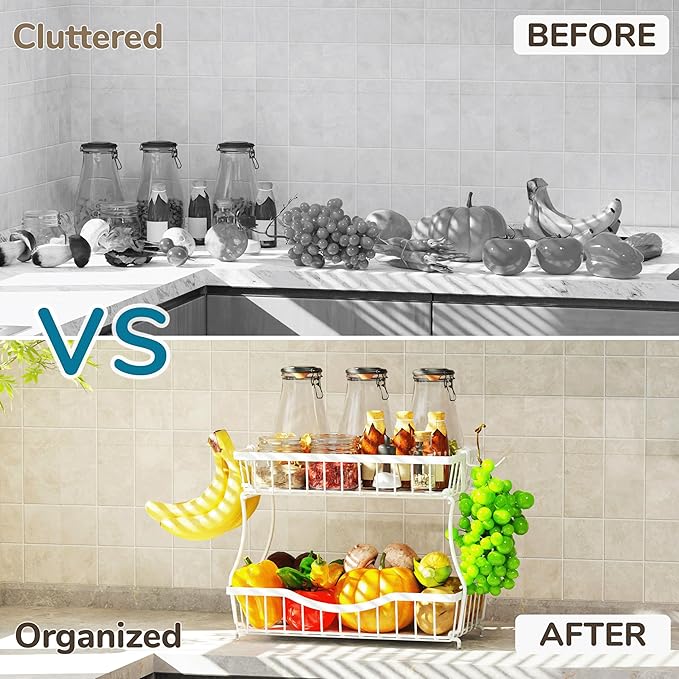 Large 2-Tier Fruit Basket for Kitchen Counter with 2 Banana Hangers – Metal Fruit Bowl for Onion, Vegetable, Snacks, Breads Storage – Countertop Organizer – White