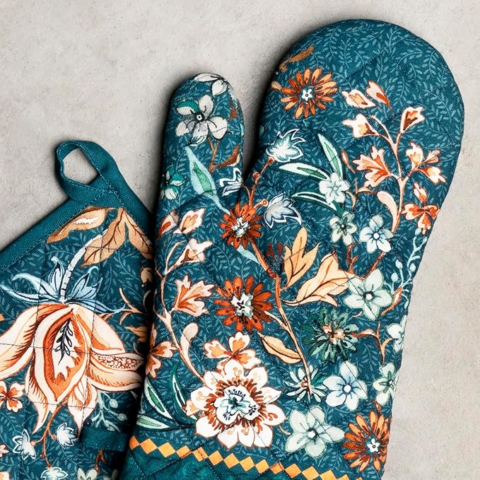 Maison d' Hermine 100% Cotton Oven Mitt & Pot Holder Set (7.5"x13" & 8"x8") Heat Resistant BBQ Cooking Gloves with Loop, Baking, Grilling, Kitchen, Handling Hot Pans (Luxury Loft-Dark Teal)