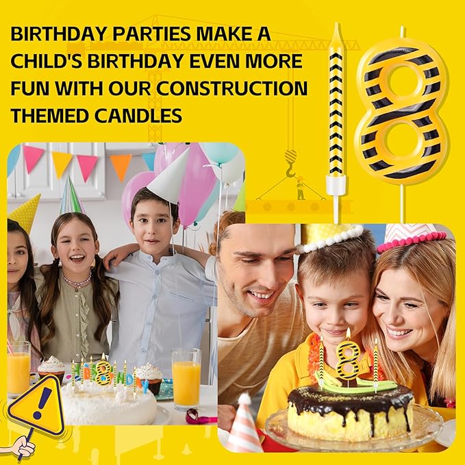 13 Pcs Construction Themed Birthday Candles Set Yellow and Black Number 8 Candle Cake Topper for Construction Party Decoration Supplies (Number 8)