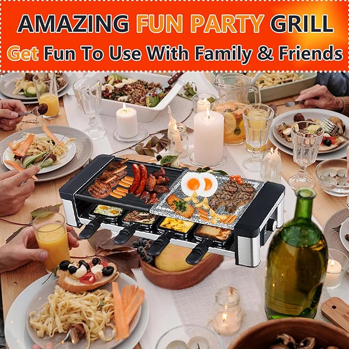 Raclette Grill, Electric Indoor Grill Table Portable, 2 in 1 BBQ Grill with Reversible Non-stick Plate and Stone, 1200W Fast Heating with 8 Cheese Melt Pans, Temperature Control