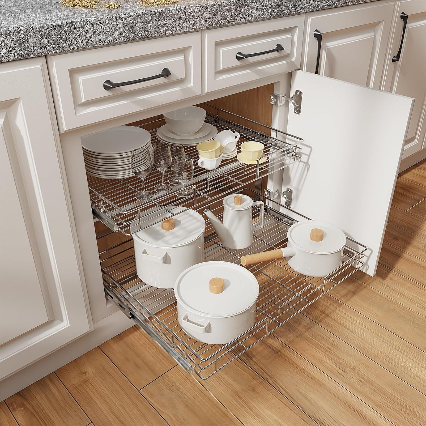 ROOMTEC Individual Pull Out Cabinet Organizer (31½" W x 21½" D), 2 Tier Spice Rack Organizer for Cabinet, Slide Out Drawer Pantry Shelf Organization and Storage for Kitchen Bathroom