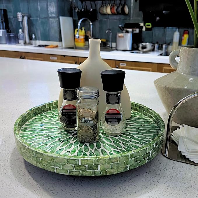 12.5" Lazy Susan for Table Top – Mother of Pearl Spinning Turntable Serving Tray, Marble Lazy Susan Organizer for Dining Table Centerpiece, Kitchen Island Decor, Bathroom Counter, Outdoor Use (Green)