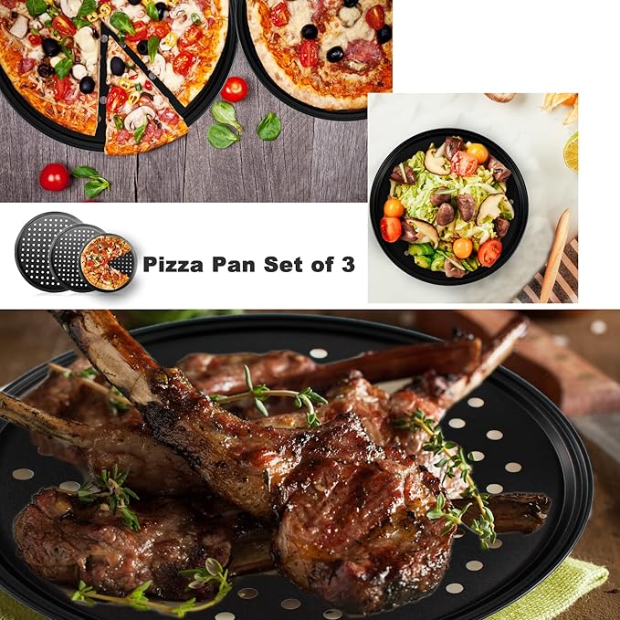 Baking Steel Pizza Pan with Holes, Round Pizza Pan for Oven, 9 Inch, 11 Inch, 12 Inch Bakeware Pizza Tray, Nonstick Baking Supplies Home Kitchen Steel Crisper Pizza Pan Set (3 Pcs)