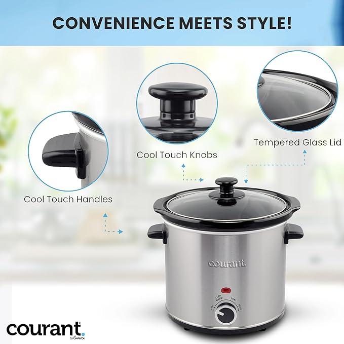 Courant Slow Cooker 3.2 Quart - Stainless Steel, Removable Ceramic Insert & Glass Lid With Three Temperature Settings