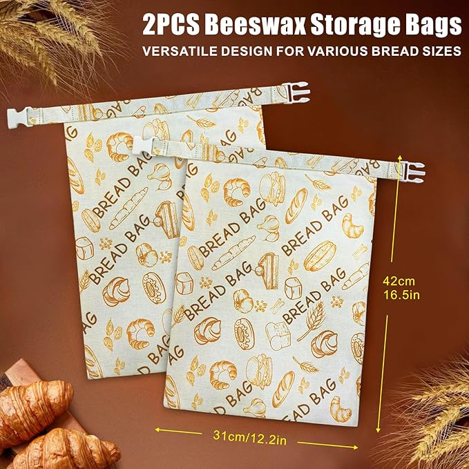 Mosucoirl Beeswax Bread Bags 2 Pack, Reusable Bread Storage Boxes for Homemade Sourdough, Cotton Food Bags Loaf Containers to Keep Fresh Large (Bread Pattern)