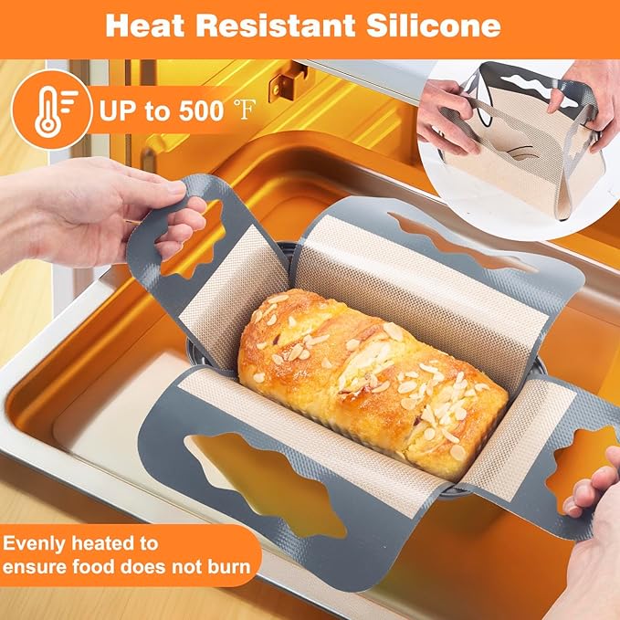 2 Pcs Silicone Bread Loaf Pan Liners, Reusable Food-Grade Silicone Bread Baking Mat, Non-Stick & Heat Resistant Loaf Pan Lifters, Sourdough Sling with 4 Handles, Fits 9x5" or 1.5Lb Loaf Pans