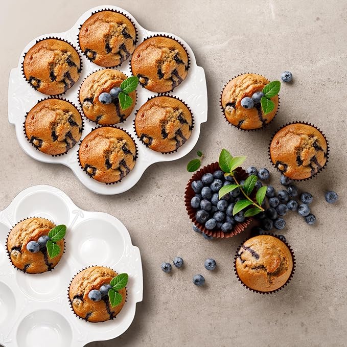 Youeon 2 Pack Ceramic Muffin Pans 7 Cups, Nonstick White Floral Cupcake Baking Pan with Handle, Muffin Tins for Muffins, Cupcakes, Tarts, Mini Cheesecakes, Oven and Dishwasher Safe