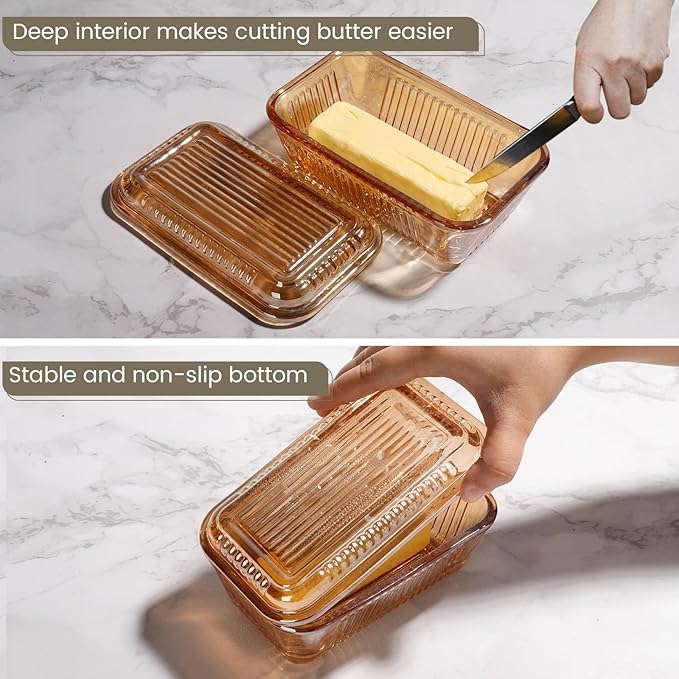 Wide Glass Butter Dish with Lid with Large capacity for Countertop Clear Crystal Butter Container with Cover for Counter Butter Keeper Tray Holder for Refrigerator