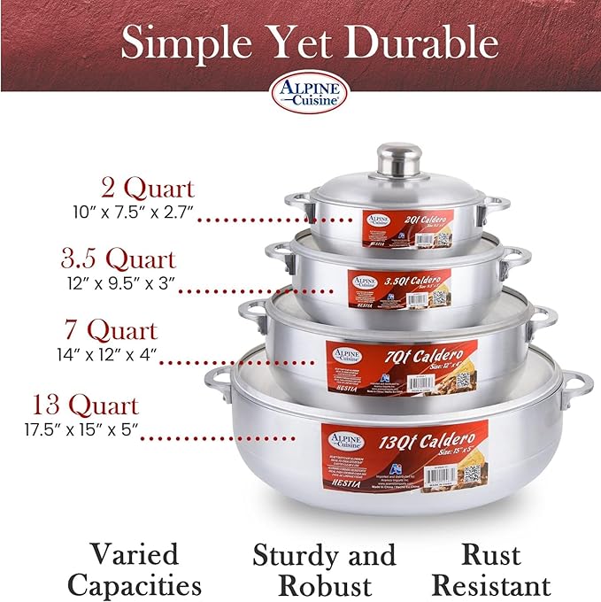 Alpine Cuisine 8-Piece Nonstick Aluminum Caldero Set for Stews, Soups & Rice | 2, 3.5, 7, 13 Qt, Silver