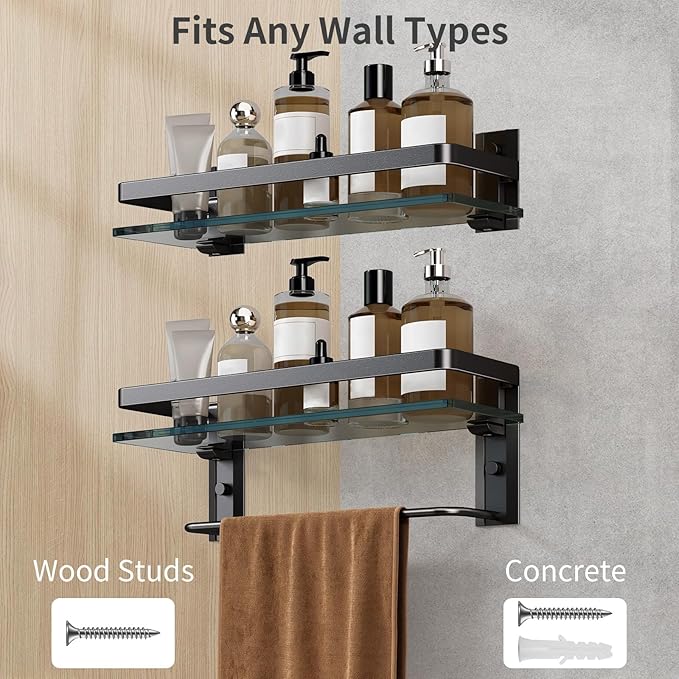 Danpoo Bathroom Shelves Wall Mounted, Clear Tempered Glass Shelf with Towel Bar, Hand Towel Holder(Matte Black)