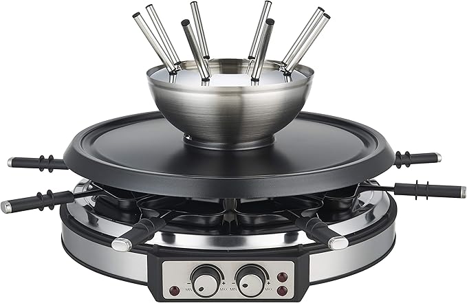 Electric Fondue Pot Sets with Barbecue Grill, 600ml Fondue Pot with 8 Forks and Electric Raclette, Dual Adjustable Thermostats, Perfect Fondue Grill Combo for Family Fun