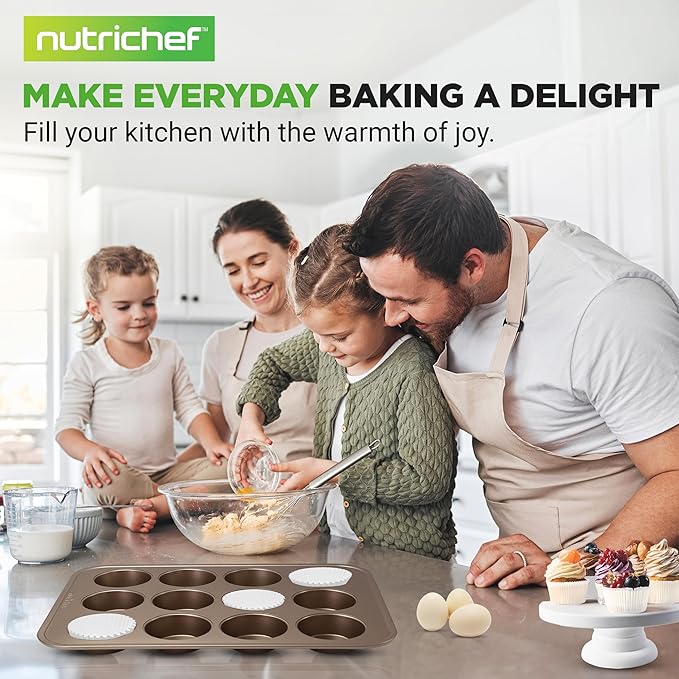 NutriChef Muffin Pans for Baking 4-Pack | Nonstick 12 Mold Cupcake Tins | Carbon Steel Stackable Cup Cake Trays | Dishwasher & Oven Safe | Includes 200 Parchment Paper Liners | 13 x 10 x 1 | Gold