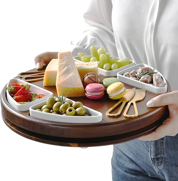 Shanik Upgraded Lazy Susan Cheese Cutting Board Set - Round Acacia Charcuterie Board With 4 Ceramic Bowls - Wedding Gifts - Cheese Serving Platter - Bridal Shower