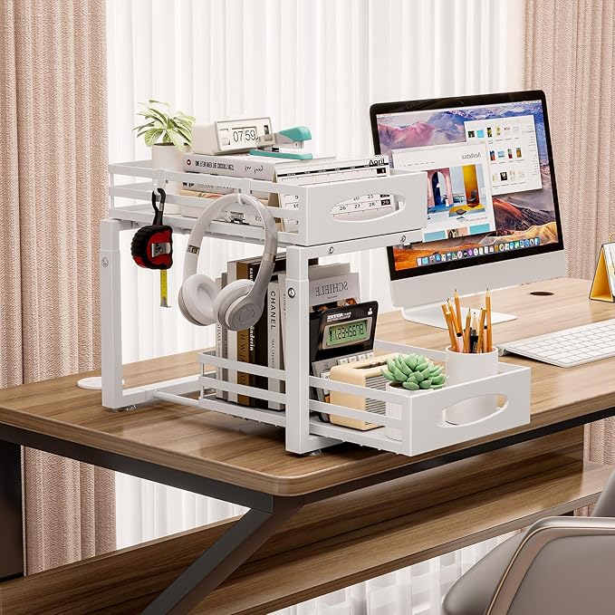 Under Sink Organizer, 2 Tier Under Sink Organizers and Storage, Adjustable Height, Slide out Metal Cabinet Organizers, Pull out Cabinet Storage Drawer Shelf for Kitchen Bathroom White, 2 Pack