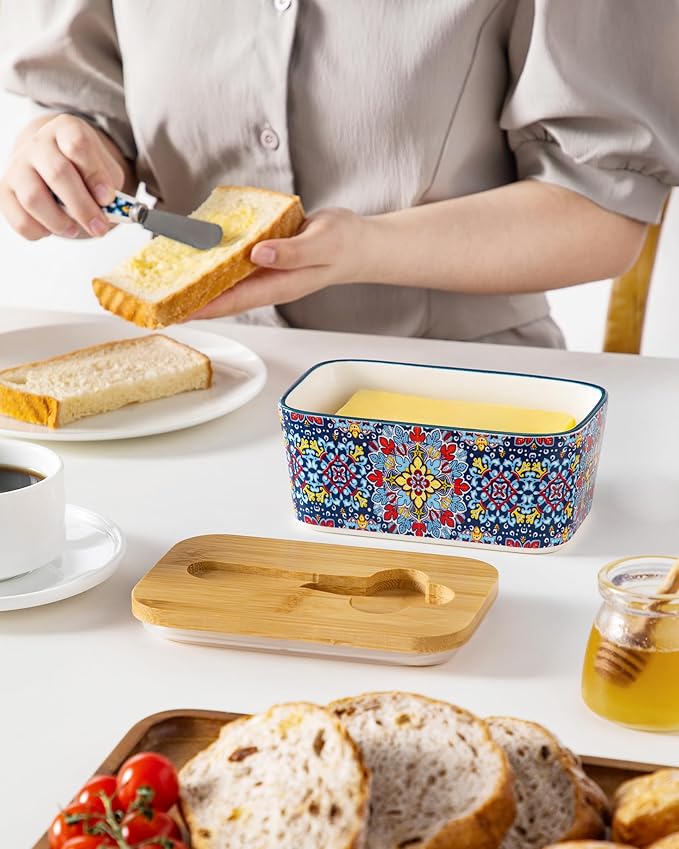 vancasso SIMI Butter Dish with Lid, 6.5" Large Butter Dish for Countertop, Bohemian Ceramic Butter Keeper Container with Knife and Bamboo Lid, Butter Holder for Counter, Twilight Bloom