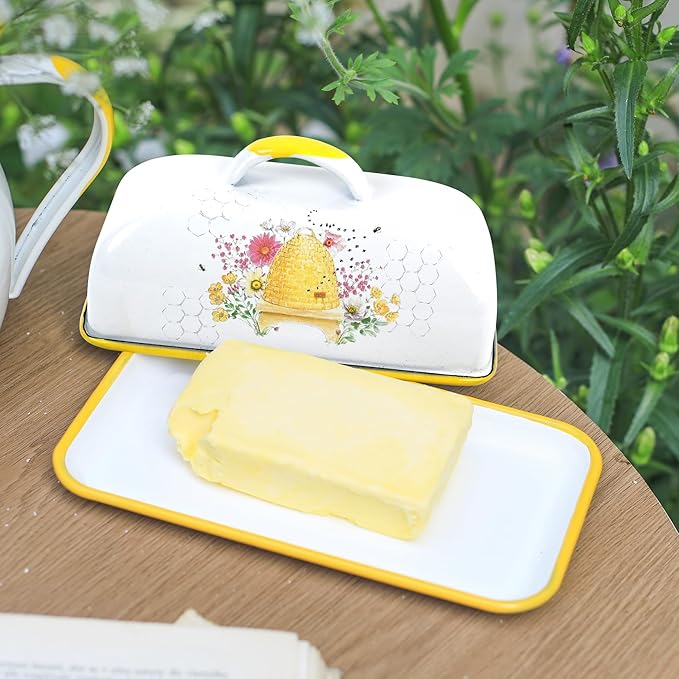 Enamel Butter Dish with Lid Vintage Enamelware Butter Keeper with Flower and Bird Patterns Farmhouse Butter Container Butter holder for Countertop Kitchen Decor(Orange)