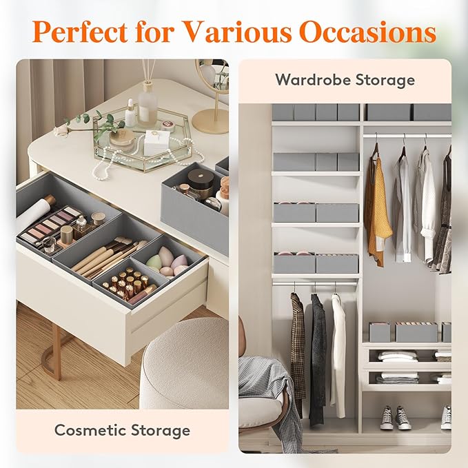 Lifewit Drawer Organizer Clothes for Closet 48 Pack, 3 Sizes Underwear Wardrobe Drawer Dividers, Fabric Foldable Dresser Storage Organizer Bins for Sock/Bra/Lingerie/Undies, Light Gray