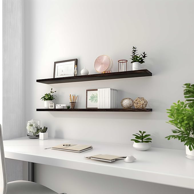 Wood Floating Shelves for Wall Decor, Rustic Wall Shelves for Bedroom Bathroom Kitchen Living Room, Set of 4 Walnut 48 Inch