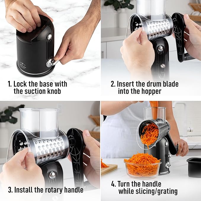 Zulay Kitchen Rotary Cheese Grater 5 Blade Cheese Shredder - Manual Hand Crank Cheese Grater With Reinforced Suction & 5 Interchangeable Drums - Easy to Use, Vegetable Chopper Round Mandoline Slicer