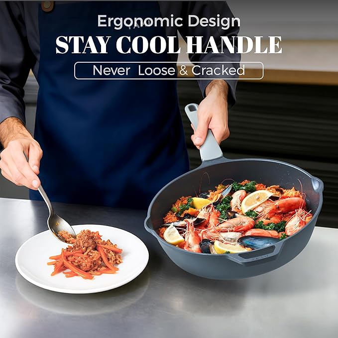 Ceramic Nonstick Deep Saute Pan with Lid, 10/12 Inch Non Toxic Pans with Double Pour Spout, Helper Handle and Lid, Metal Utennsil Safe, Dishwasher Safe, (10 Inch, Gray)