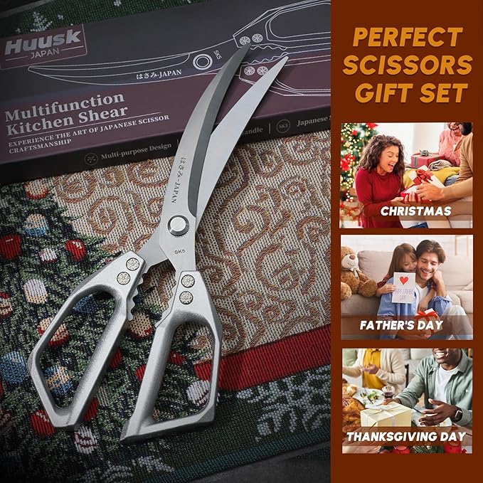 HUUSK Kitchen Scissors Silver - Stainless Steel Kitchen Shears for Food, Japanese Cooking Scissor, Sharp Meat Scissors Dishwasher Safe, Heavy Duty Poultry Shears for Chicken Bones, and Turkey