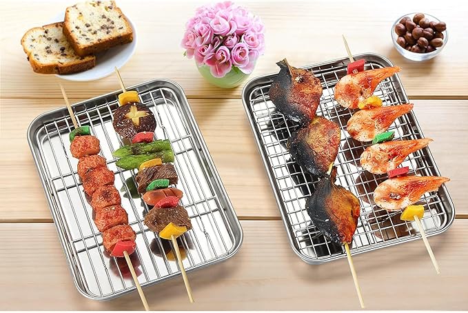 Baking Sheet with Rack Set, Yododo Set of 4 (2 Sheets + 2 Racks), Stainless Steel Cookie Sheet Baking Pan Tray with Cooling Rack, Non Toxic & Heavy Duty & Easy Clean - Size of 9 inch