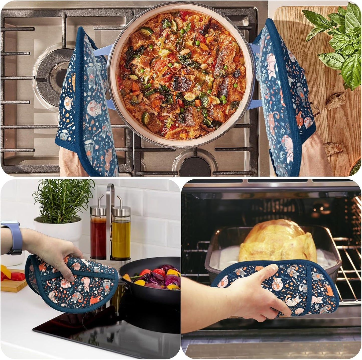 Pot Holders Set of 2 with Transparent Clear Silicone Shell and Nice Cat Flower Cotton Lining, Heat Resistant to 500 F Kitchen Oven Gloves Pot Holder for Cooking (Navy, Cat, Potholders)