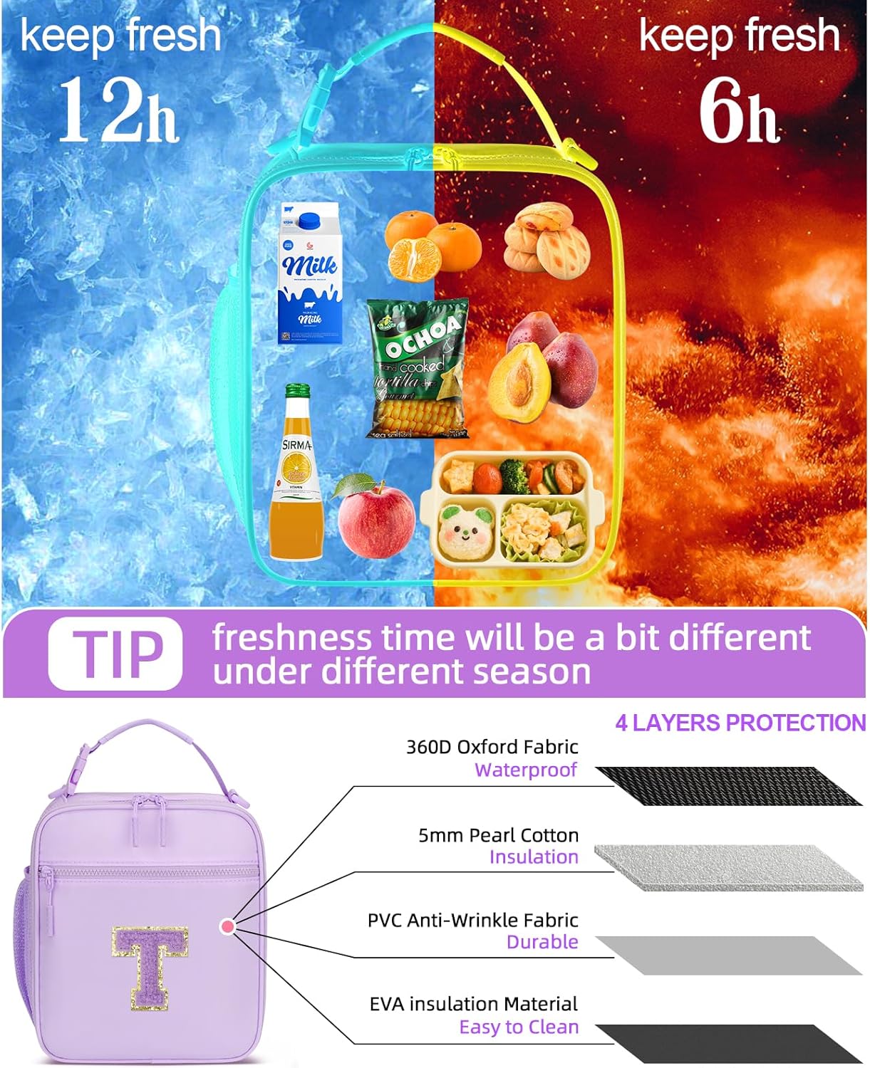 Initial Insulated Lunch Bag for Girls Kids, Back to School Gift, Reusable Leak-proof Lunch Box with Adjustable Strap for School Daycare Travel Picnic (Purple,T)