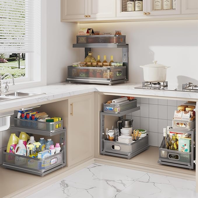 2 Pack 15.5IN-Depth Under Sink Organizer With Next-Gen Ball-Bearing Slides,2-Tier Precision Mesh Pull Out Cabinet Storage for Bathroom&Kitchen,Height Adjustable Drawers Shelf,Anti-rust-Grey