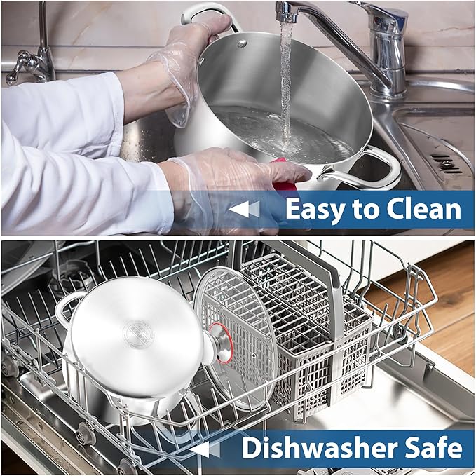 E-far 6 Quart Stock Pot, Tri-Ply Stainless Steel Cooking Pot with Glass Lid and Riveted Handles, Metal Pasta Soup Pot for Induction Ceramic Electric Gas Stoves, Heavy Duty & Dishwasher Safe