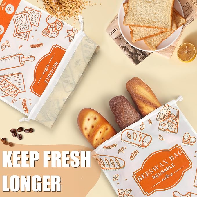 2-Pack Beeswax Bread Bags for Homemade Bread, Orange Reusable Sourdough Storage Bags with Premium Beeswax Coating for Loafs Baguette Fresh Keeping,Great Homesteading Essentials and Baking Gifts.
