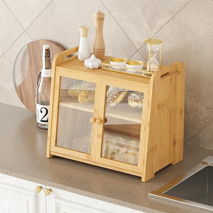 AMBIRD Bamboo Bread Box 20L Large Capacity with Clear Acrylic Doors - Double Layer Food-Safe Bread Storage with Air Vents and Side Handles - Keep Bread Fresh and Counter Clutter-Free